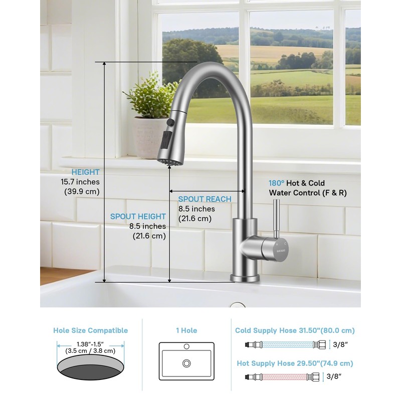 WEWE Kitchen Faucets with Pull Down Sprayer, Leak-Proof Stainless Steel