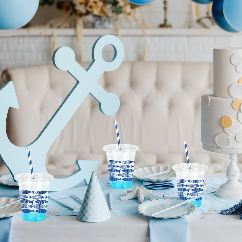 50 Pcs Blue Ocean Fish Plastic Cups with Lids and