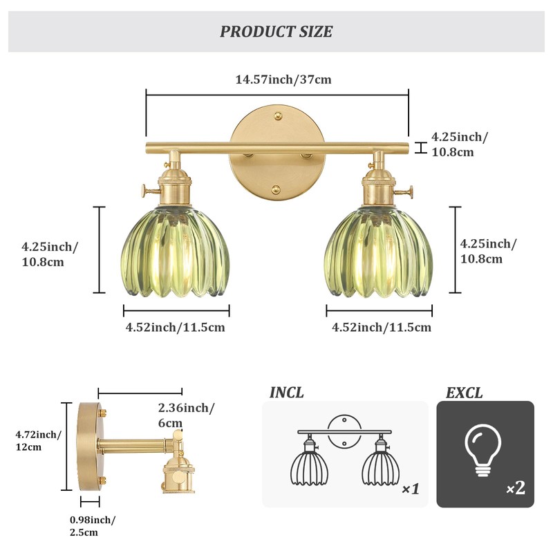 Shenmoyl Bathroom Light Fixtures, 2-Light Brass Vanity Wall Light Over