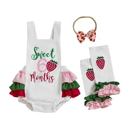 CREAIRY Baby Girl Half Birthday Outfit Doughnut Strawberry 6 months Romper Sleeveless Bodysuit +Leg Warmers Summer Clothes (White, 6-12 Months)