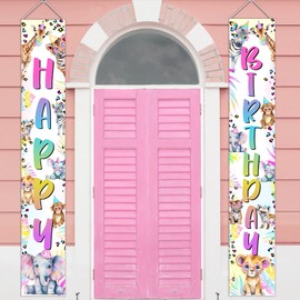 SHADOAMP Safari Animal Birthday Decorations, Neon Jungle Animal Happy Birthday Door Banner Sign Polyester Background Porch Sign for Jungle Wild Animals Theme BDay Party for Boys Girls Indoor Outdoor