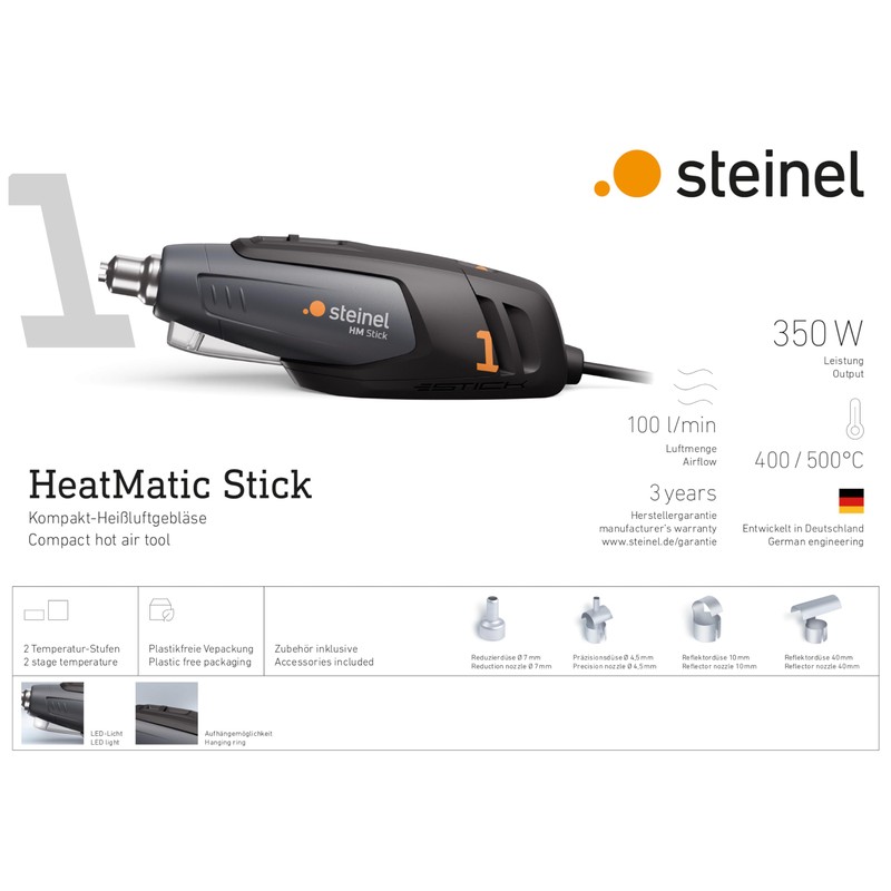 Steinel Heat Gun HM Stick with 4 Nozzles, 350 W