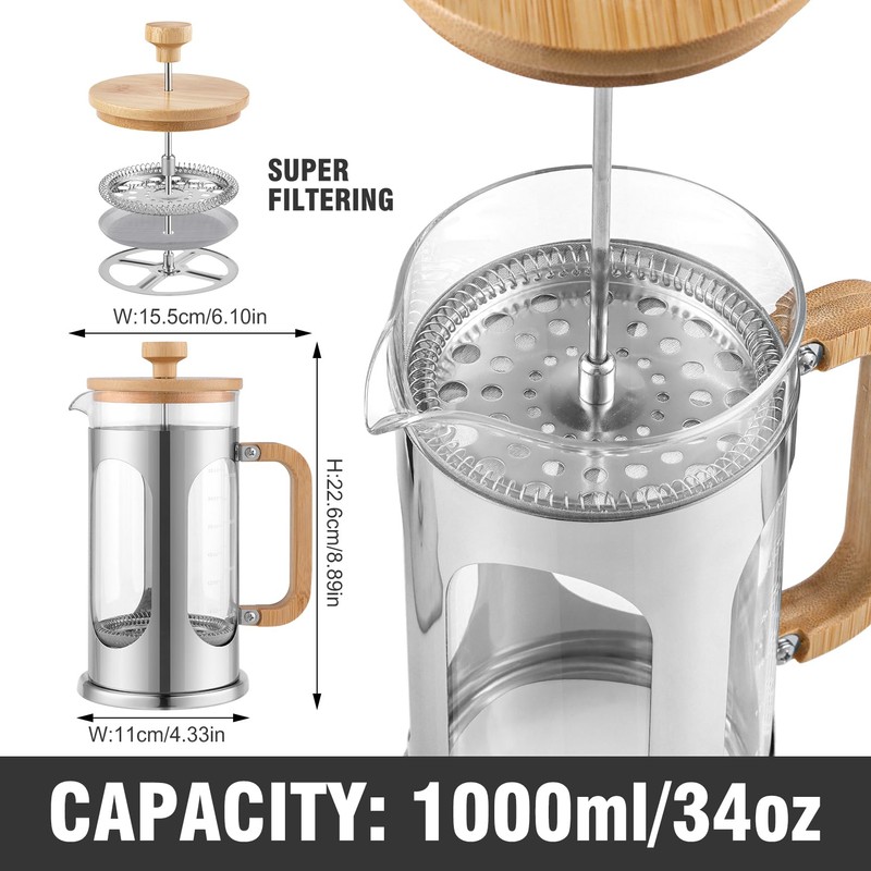 Sivaphe No-Plastic French Press Coffee Maker 34 oz, Borosilicate Glass