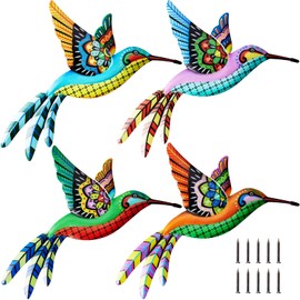 4 Pack Metal Hummingbird Wall Art Decor Iron 3D Hummingbird Outdoor Wall Sculpture Outdoor Garden Fence Hanging Decor Colorful Bird Wall Art Decorations with nails for Patio Living Room Bedroom