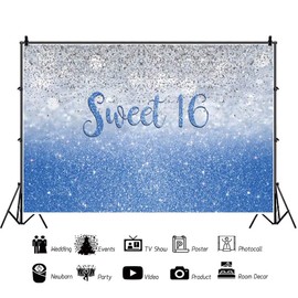 16th Birthday Backdrop for Girls 7x5ft Sparkling Blue Silver Glitter Photography Backgrounds Banner Portrait Girls Birthday Party Decor Photo Booth Studio Props Vinyl