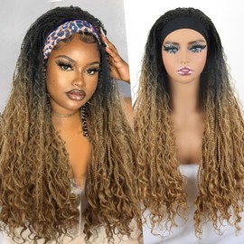 Aisaide Braided Headband Wigs for Black Women Goddess Braids Braids Curly Wigs with Curls Twist Crochet Wig with Headband Attached Jumbo Braid Cornrow Wig Synthetic Curly Headband Wig 30Inch