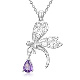 Gnteey Dragonfly Necklace 925 Sterling Silver Teardrop Purple Amethyst Necklace for Women Ladies