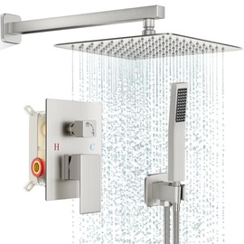 FPXRNG Shower Faucet Set Bathroom Square Rain Shower Head and Handle Set, Wall Mounted Shower Fixtures, Full Metal Trim Repair Kit 10 inch Polished Chrome (With Shower Valve)