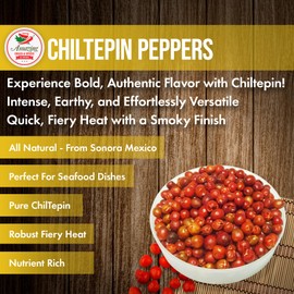 Dried Chiltepin Peppers (Chile Tepin) – 1oz Bag - Great For Use with Seafood, Sauces, Stews, Salsa, Meats. Very Hot with a Smoky Flavor. Air Tight Resealable Bag. By Amazing Chiles & Spices.