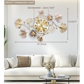 JXQXYN Clocks for Living Room, Large Wall Clock, 3D Silent Wall Clock, Retro Metal Ginkgo Leaf Design, for Bedroom Kitchen Decorative Wall Clocks（35''x20'' ）