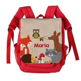 Striefchen® Children's Backpack in Red - Forest Animals - with Name Print, red
