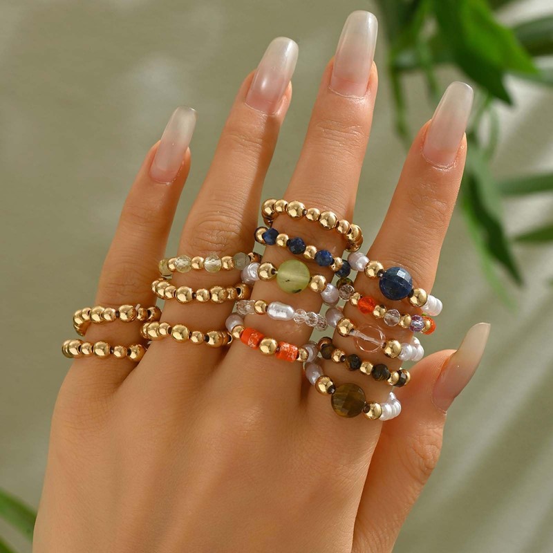 HUASAI Boho Thumb Rings for Women, Adjustable Pearl Jade Tiger