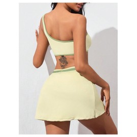 SHENHE - Juego de falda de tenis para mujer, 2 piezas, atlética, con un solo hombro, playera corta y falda de golf, Amarillo claro, S