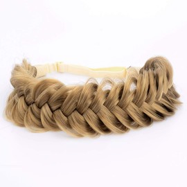 BOBIYA Messy Wide 2 Strands Synthetic Hair Dark Blonde Braided Headband Classic Chunky Braid Headband Elastic Stretch Hairpiece Women (Dark Blonde)