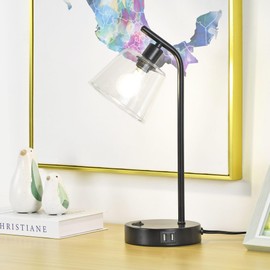 LAMPWELL LUCIA Industrial Table Lamp with USB Port Set of 2,Black Glass USB Table Lamp for Living Room,Bedside Table Lamp for Bedroom,Modern Table Lamp,Night Table Lamp,8.27×5.51×H15.75IN,BulbIncluded