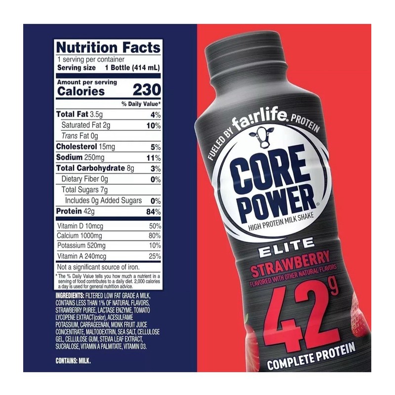 Core Power Elite High Protein Shake, Strawberry, 42g Bottle, 14oz,