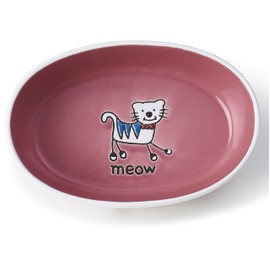 PetRageous 11023 Silly Kitty Oval Dishwasher Safe Stoneware Cat Bowl 6.5-Inch Long 4-Inch Wide 2-Inch Tall 2-Cups Capacity for Cats of All Sizes With Silly Kitty Logo In the Basin, White and Pink