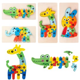 Vndnsy 4 Pieces Wooden Jigsaw Puzzles for Toddlers,Montessori Toys,Wooden Animal Jigsaw Puzzles for Kids(Giraffe Rabbit Elephant Crocodile) for 2-4 Year Old Boys Girls Educational Color Shape Toys