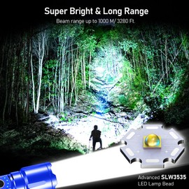 Blukar LED Torch, 500000 Lumens Super Bright Torches Led - Adjustable Focus, 5000 mAh, IP67 Waterproof, Powerful Long Lasting Handheld Flashlight for Power Cuts, Camping, Emergency-Blue