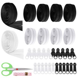 Glarks 62pcs #5 Black and White Nylon Coil Zipper Tape Set Includes 10pcs 3Yards Sewing Zipper Rolls, 40pcs Metal Zipper Sliders, 10pcs Double Zipper Sliders, 1pcs Soft Ruler and 1pcs Scissors