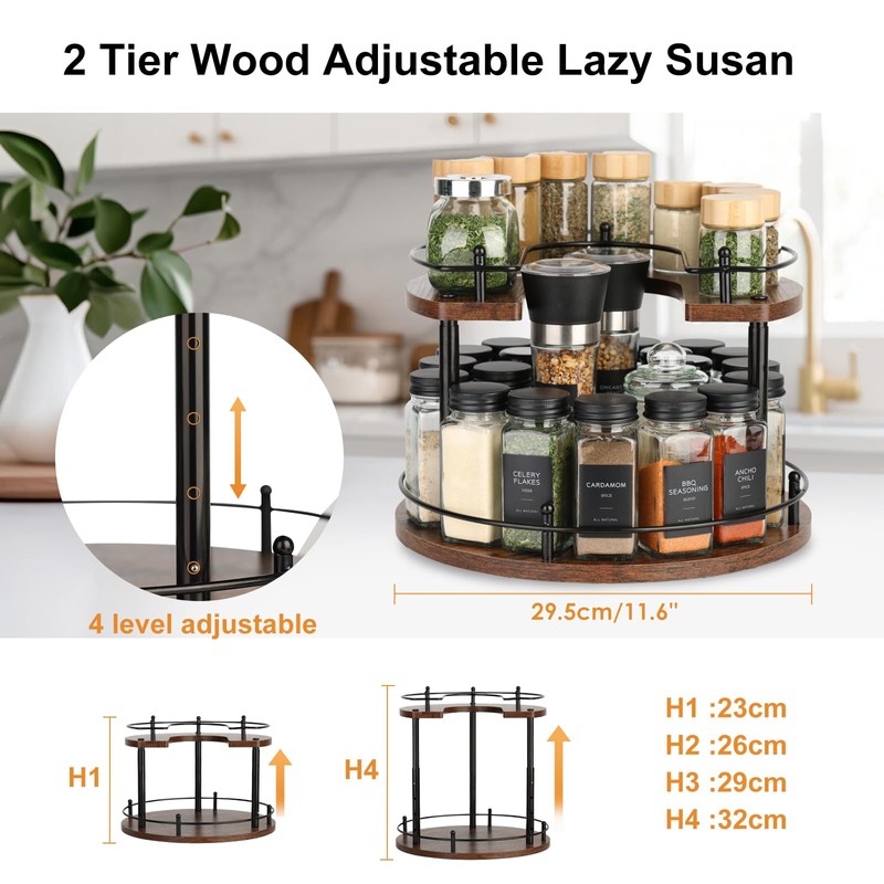 Turntable Lazy Susan Organizer Spice Rack, 2Tier Wooden Spinning Revolving