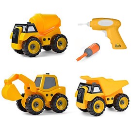 BUILD ME Set of 3 Take Apart Construction Truck Toys, Dump Truck, Cement Truck, Excavator with Sounds, Educational Build It Yourself Vehicles with Battery Powered Drill