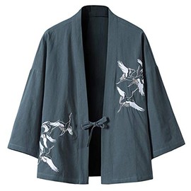 PRIJOUHE Men's Japanese Kimono Jacket Cardigan Yukata Noragi Casual Fashion Seven Sleeves Lightweight Open Front Coat