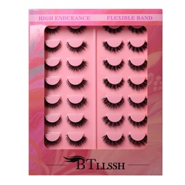 BTLLSSH 16pair Natural Lashes Vivid Effect Eyelashes 2 Style Mix 14mm Long Wispy False Mink Lash Pack Fluffy Cat Eye Strip Eyelash Weightless & Reusable Fake Lashes