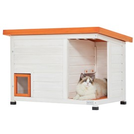 Petsfit Cat House Outdoor Weatherproof for 1-2 Cats, Sizing 34" Lx18 Wx23 H,Wooden Outside Cat House with Corrido and Escape Door White