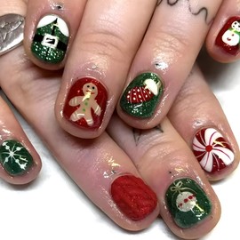Red Green Glitter Christmas Press on Nails Short Square Fake Nails Gingerbread Man Snowman Christmas Sock Bell False Nails Winter Xmas Glue on Nails Christmas Gift Nail Art Kit for Women 24Pcs