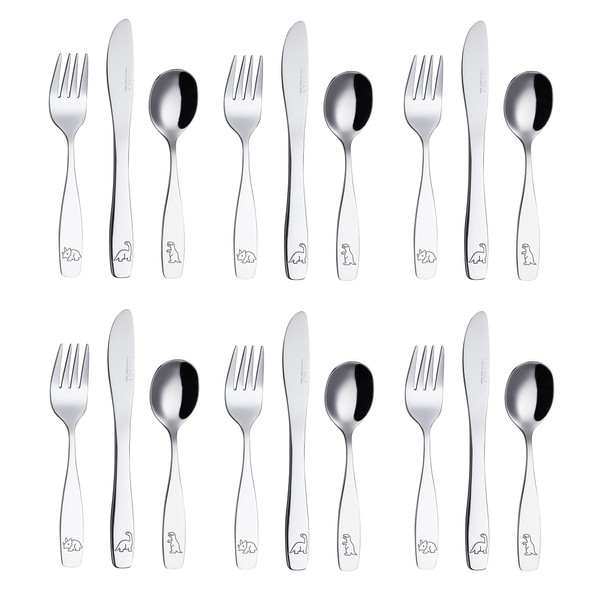 EXZACT Children's Cutlery 18-Piece Stainless Steel - Cutlery Children from 2 Years - Dishwasher Safe Engraving Cutlery - 6 x Forks, 6 x Safety Knives, 6 x Dinner Spoons (Dinosaur x 18)