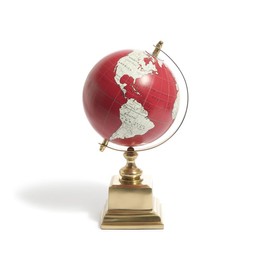 Deep Red Decorative Globe – 10.75″ on Gold Aluminum Base, Tilted Axis World Map Accent for Mantel, Shelf, Desk & Office Decor