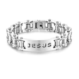 LAFATINA Bicycle Bike Chain Bracelets for Men Jesus Christ Fathers Day Stainless Steel Masculine Biker Long Wristband, 8.9 inches