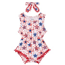 2T Girls American Flag One Pieces for Infants Novelty Navy Blue Stars Graphics Rompers 2 Years Old Newborn Lace Pom Pom One Piece Playsuits with Tassel Kids Snap Buttons Casual Bodysuits, 18-24 Months