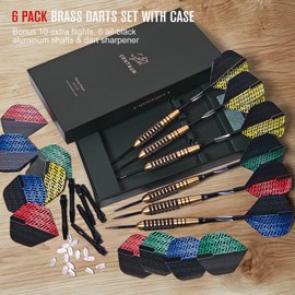 centaur 6 Pack Brass Steel Tip Darts, Professional 22g Metal Darts Set with 12 Premium Aluminum Shafts,12 PET Flights,15 Flight Protector,Dart Sharpener and Dart Case, Beginner or Professional Darts