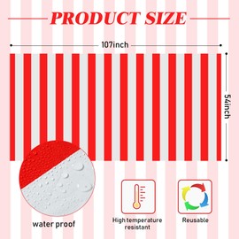 Batiyeer Red and White Striped Tablecloth Plastic Carnival Circus Table Cover Waterproof Rectangle Tablecloth for Holiday Party Picnic Decoration, 54 x 108 Inches(20 Pcs)