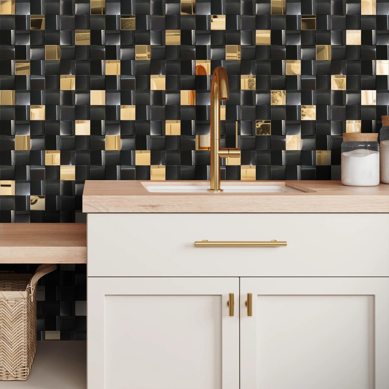 Elephantile 5 Sheets Black & Gold Tiles Metal Mosaic Wall