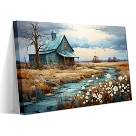 Dytila Framed Rustic Farmhouse Wall Art, White Barn Pictures Wall Decor Blue Farm Paintings Windmill Canvas Prints Nature Scenery Artwork for Bathroom Bedroom Living Room Office Hallway 12x16 in