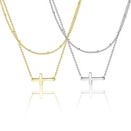 Cross Necklace for Women, 14K Gold Plated Tiny Sideway Cross Choker Necklace Dainty Layered Small Cross Charm Chain Necklace Faith Jewelry Religious Minimalist Gift (2 PCS)