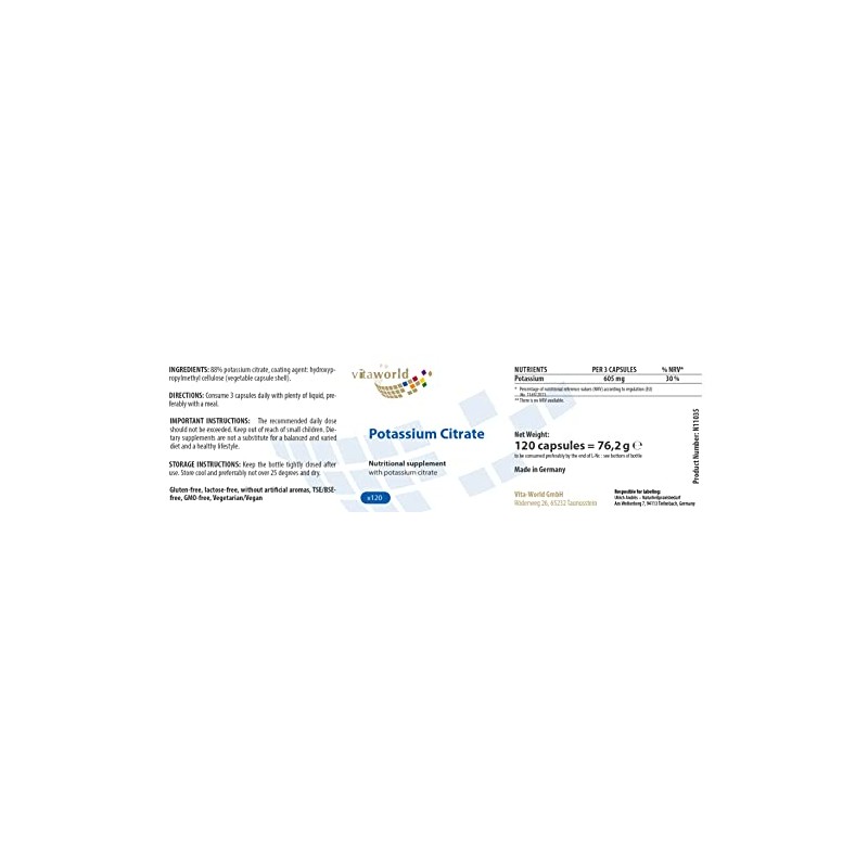 Vita World Potassium Citrate 605mg Daily dose 120 Capsules Made