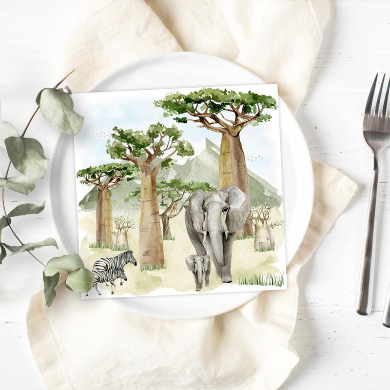 Baobab Scenery Napkin Elephant Zebra Jungle Forest Lunch 33 x
