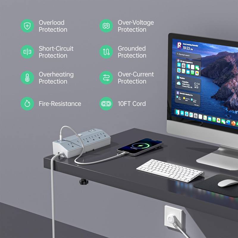 Desk Clamp Power Strip Tall, Desktop Mount Surge Protector,40W Fast