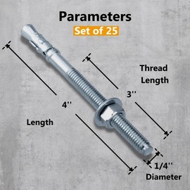 Party Animals 1/4 x 4 Inch Wedge Anchor, 25 PCs Zinc-Plated Industrial Anchor Bolts for Cement, Concrete