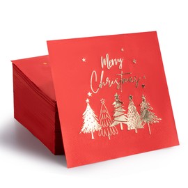 BeBesta 80 Pack Merry Christmas Paper Napkins Red Green white Gold Five Xmas trees Disposable Party Luncheon Napkins for Christmas New Year Holiday Dinner Party Supplies, 6.5 x 6.5 Inch-5 (red)