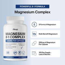 8-in-1 Magnesium Complex Supplement (200mg per Capsule) – Glycinate, Malate, L-Threonate, Aspartate, Orotate, Taurate & Citrate – Supports Muscle Function, Bone Health, and Energy – 120 Capsules