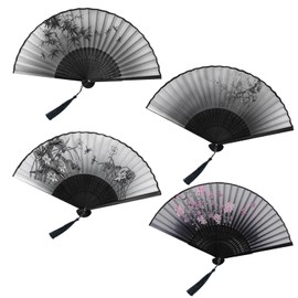 OMIGA Hand Fan Folding 4 Pieces Hand Fan Bamboo Foldable Fan Hand Fan with Tassel Vintage Style Folding Fan for Wall Decoration Wedding Party Dance Summer Gifts