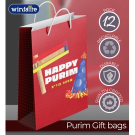 Winfaire Purim Gift Bags - 12 Pack Purim Bags for Mishloach Manot - Purim Boxes and Bags Bulk - Happy Purim Bags and Boxes - Large - Multicolored Design