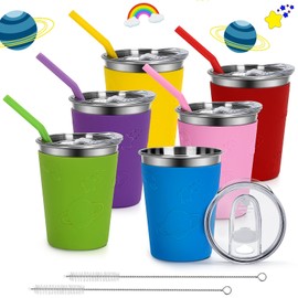 IAMGlobal Kids Cups with Rainbow Silicone Sleeves, 12oz Stainless Steel Cups with Lids and Straws, 304 Stainless Steel Travel Tumbler, Spill Proof Toddler Cups for Cold Drinks & Hot Drinks, 6 Pack