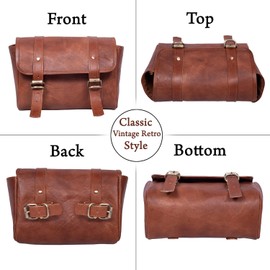 Vintage Genuine Goat Leather Motorcycle Bag 2 Strap Buckle Closure Brown Tool Bag Quick Release Reinforced Handlebar Fork Leather Bike Bag (Classic Carrier)