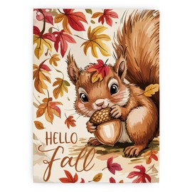 Hello Fall Decorative, Fall Squirrel Wall Hanging Flag, Autumn Maple Leaves Acorn Pattern Decoration For House Yard Home, Harvest Decoration, Thanksgiving Gift